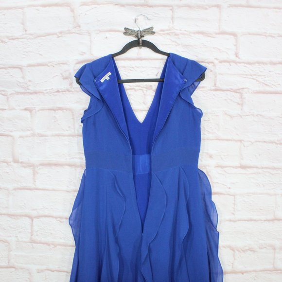 Lace & Mesh Blue Polyester Lined V-Neck Cap Sleeve Ruffled Long Dress Size M - Picture 9 of 10